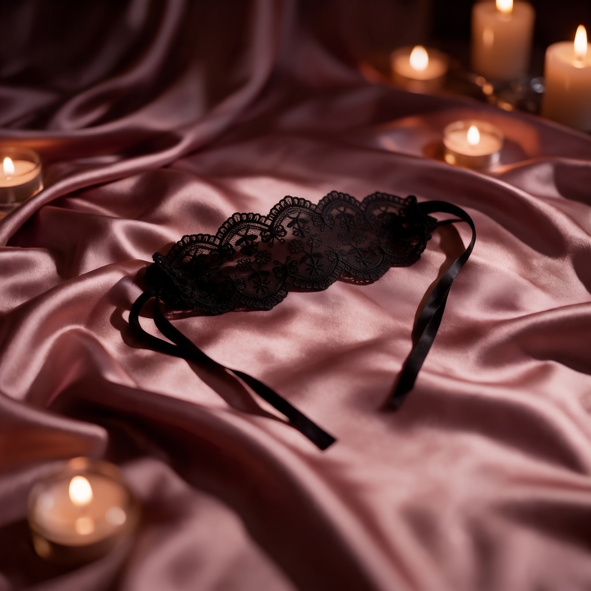 Noir Lace Blindfold on dusty-rose silk