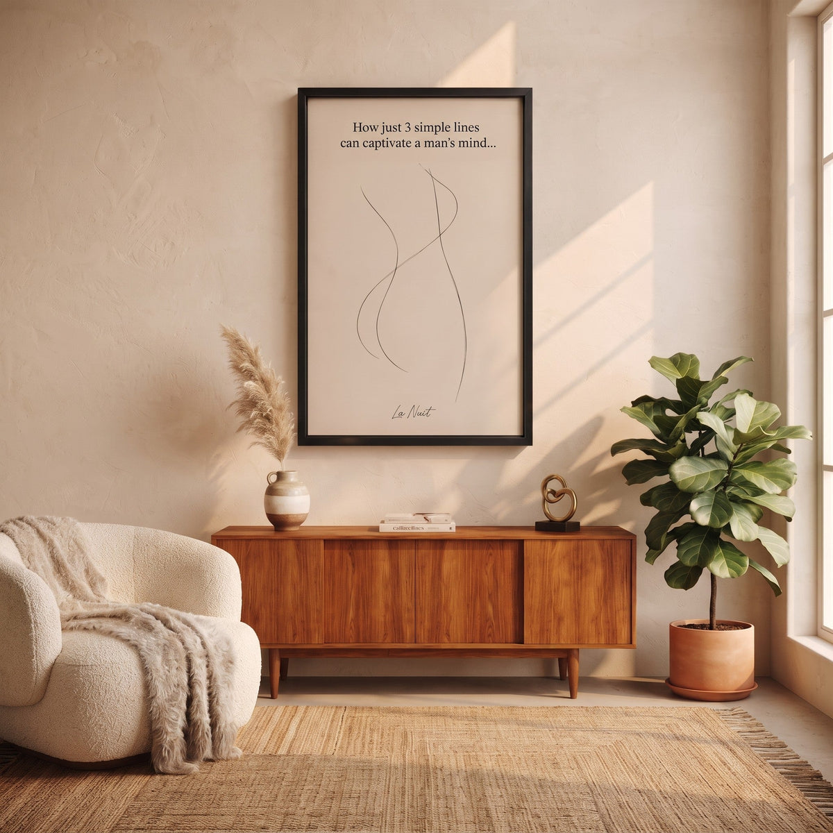 Three Lines framed fine-art print by La Nuit, shown in a living room