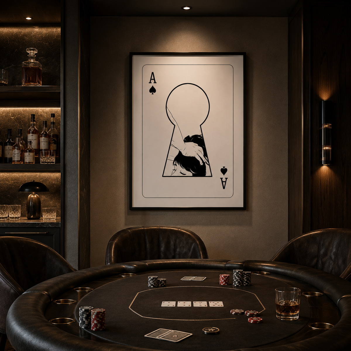 Ace framed fine-art print by La Nuit, shown in a bar