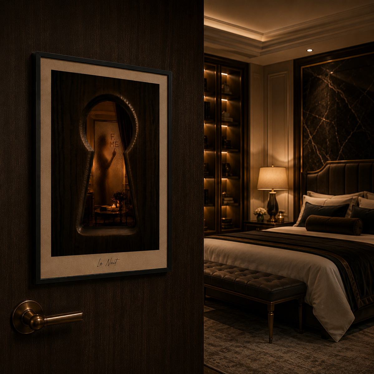 Behind The Door framed fine-art print by La Nuit, shown in a bedroom
