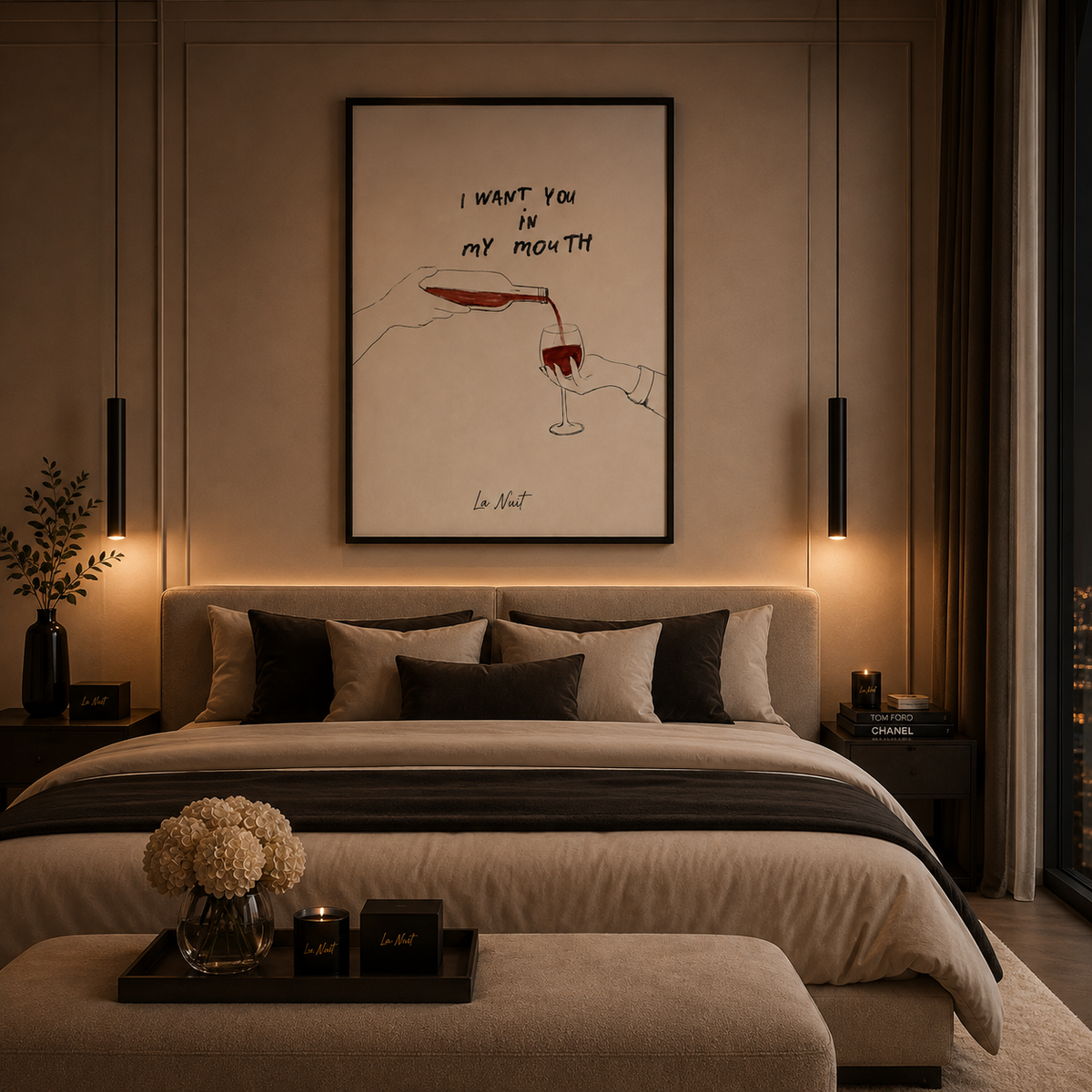 Wine Bar framed fine-art print by La Nuit, shown in a bedroom