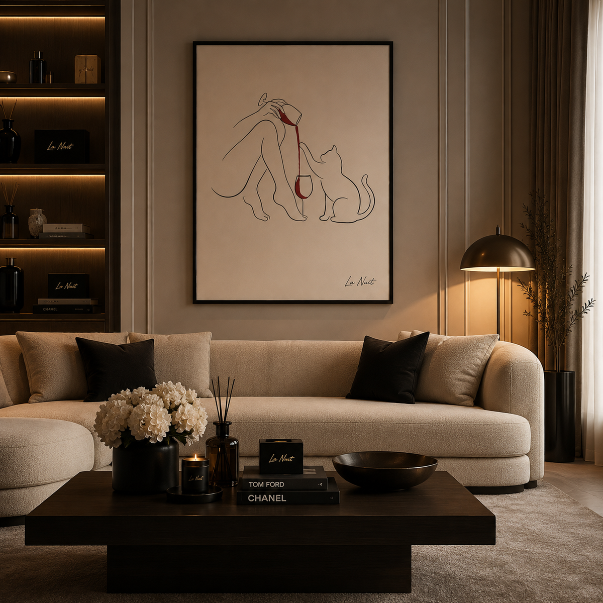 Wine Cat framed fine-art print by La Nuit, shown in a living room