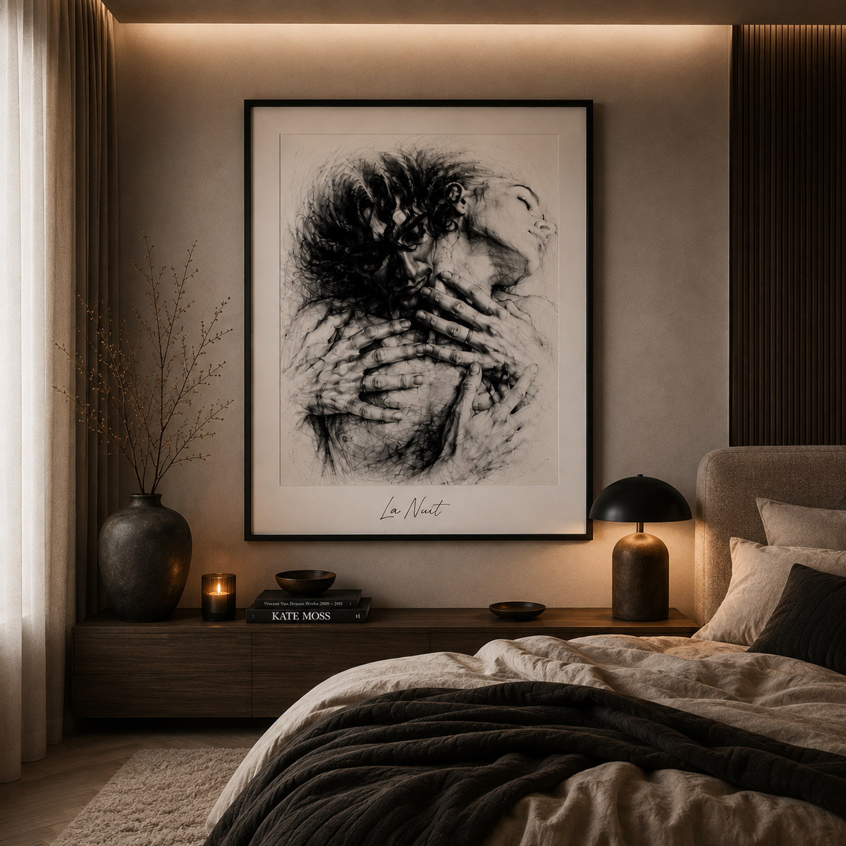 Hug framed fine-art print by La Nuit, shown in a bedroom