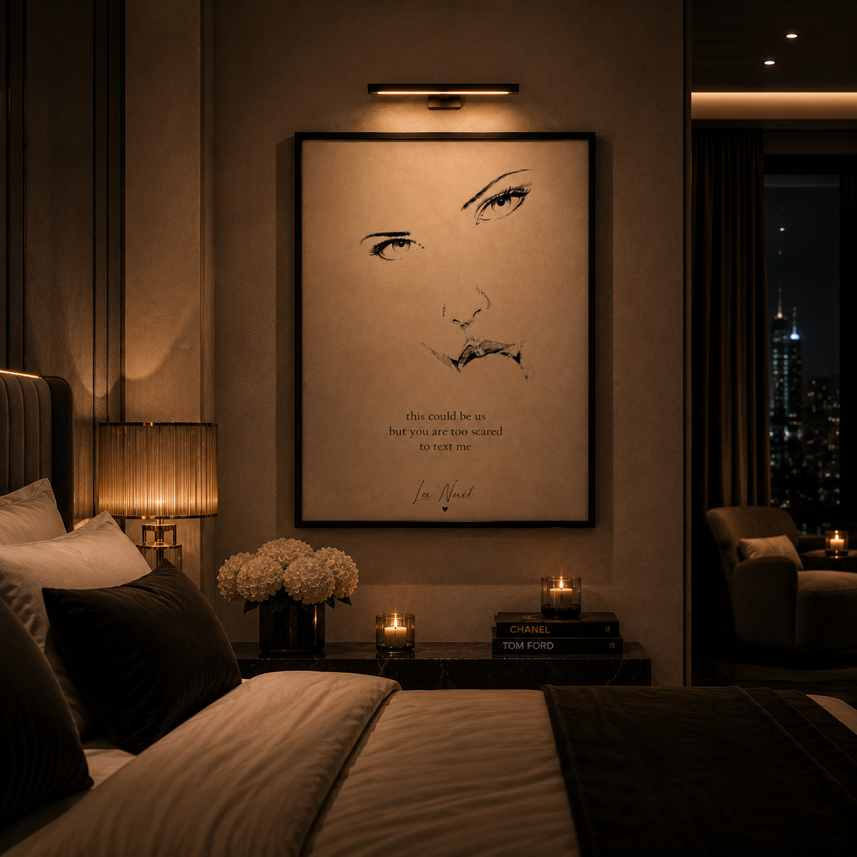 Exorcism framed fine-art print by La Nuit, shown in a bedroom