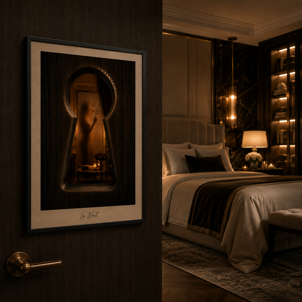 Behind The Door framed fine-art print by La Nuit, shown in a bedroom