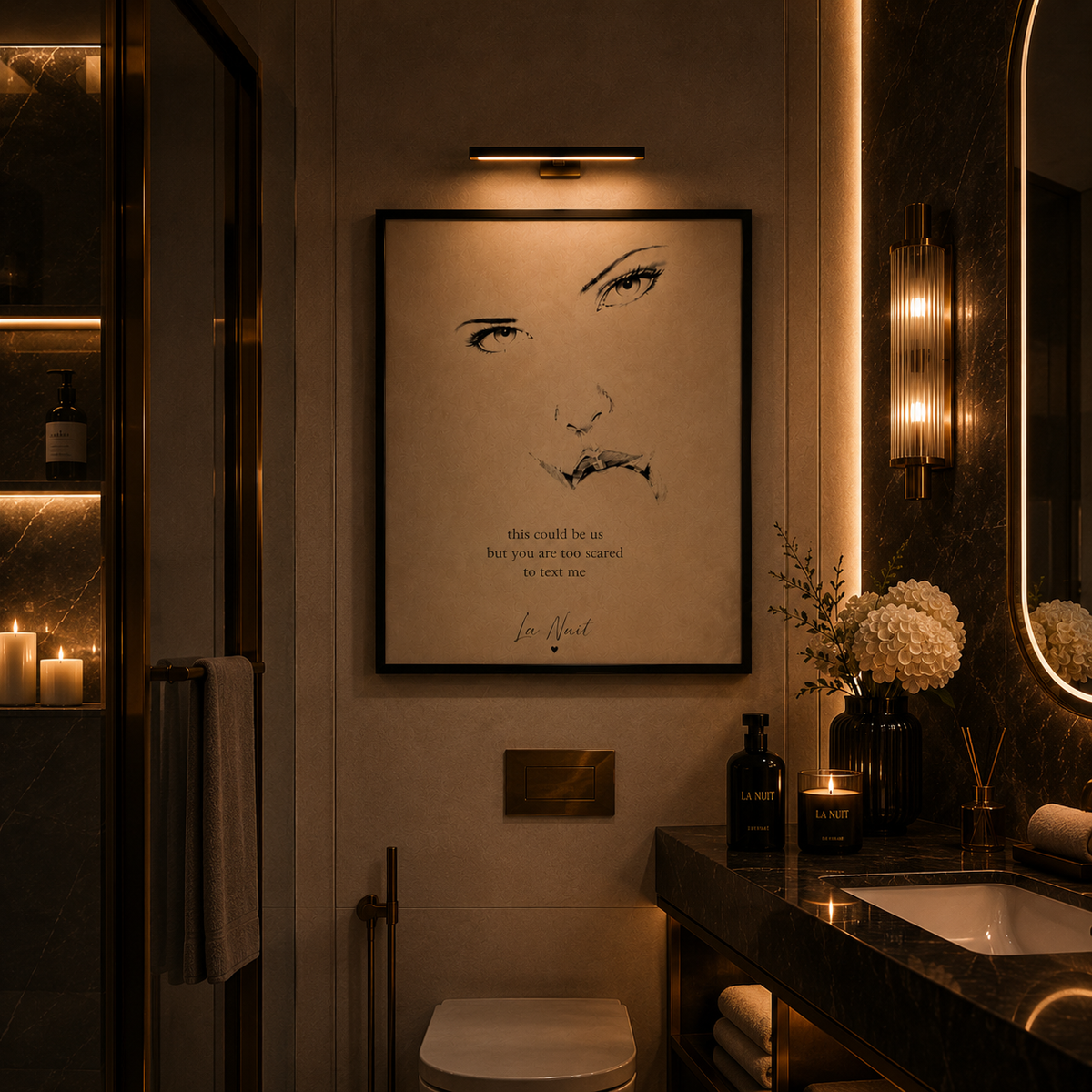 Exorcism framed fine-art print by La Nuit, shown in a bathroom