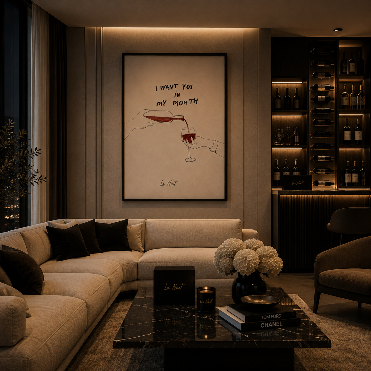 Wine Bar framed fine-art print by La Nuit, shown in a living room