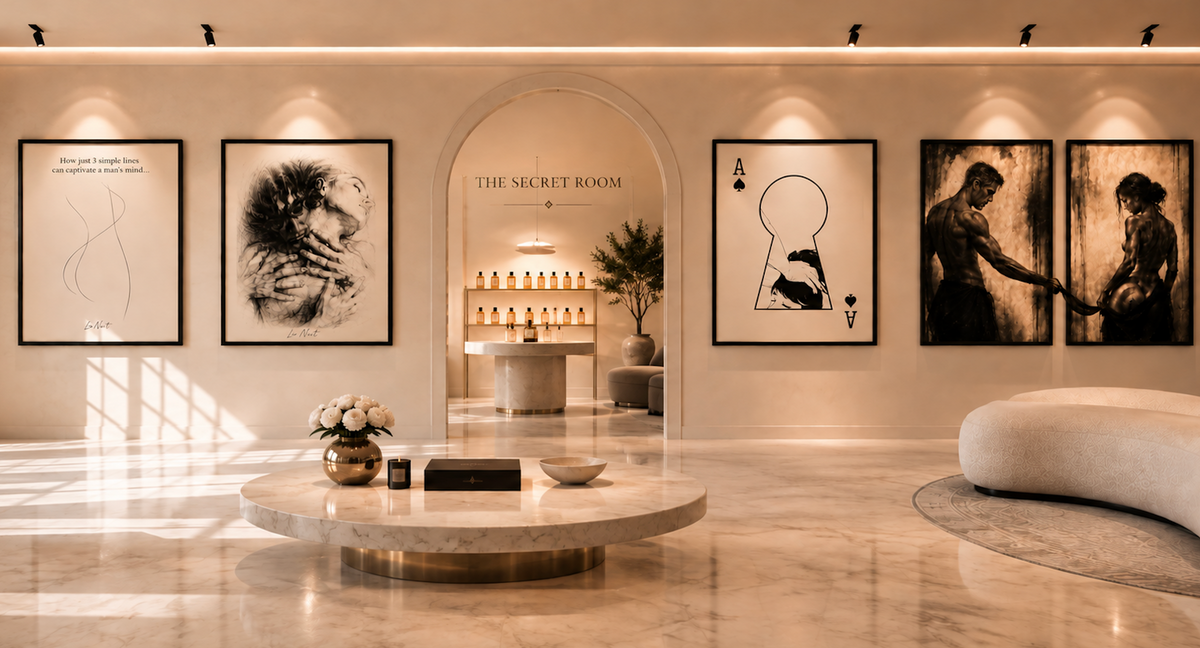 The Secret Room: La Nuit's gallery of framed monochrome line-art prints around an arched doorway