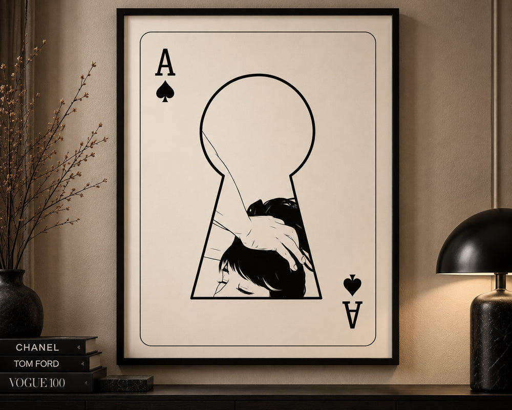Ace: monochrome Ace of Spades line-art print with a hidden portrait behind the keyhole, framed by La Nuit
