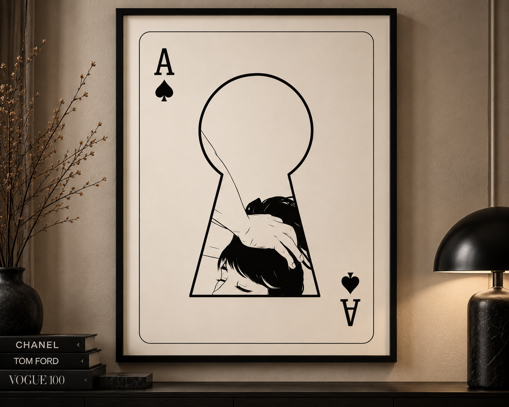 Ace: monochrome Ace of Spades line-art print with a hidden portrait behind the keyhole, framed by La Nuit