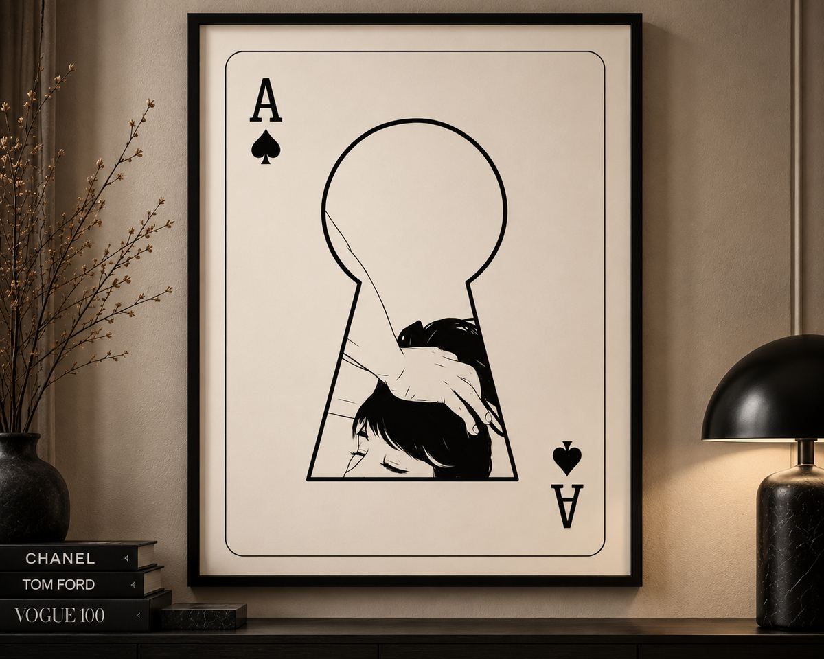 Ace: monochrome Ace of Spades line-art print with a hidden portrait behind the keyhole, framed by La Nuit