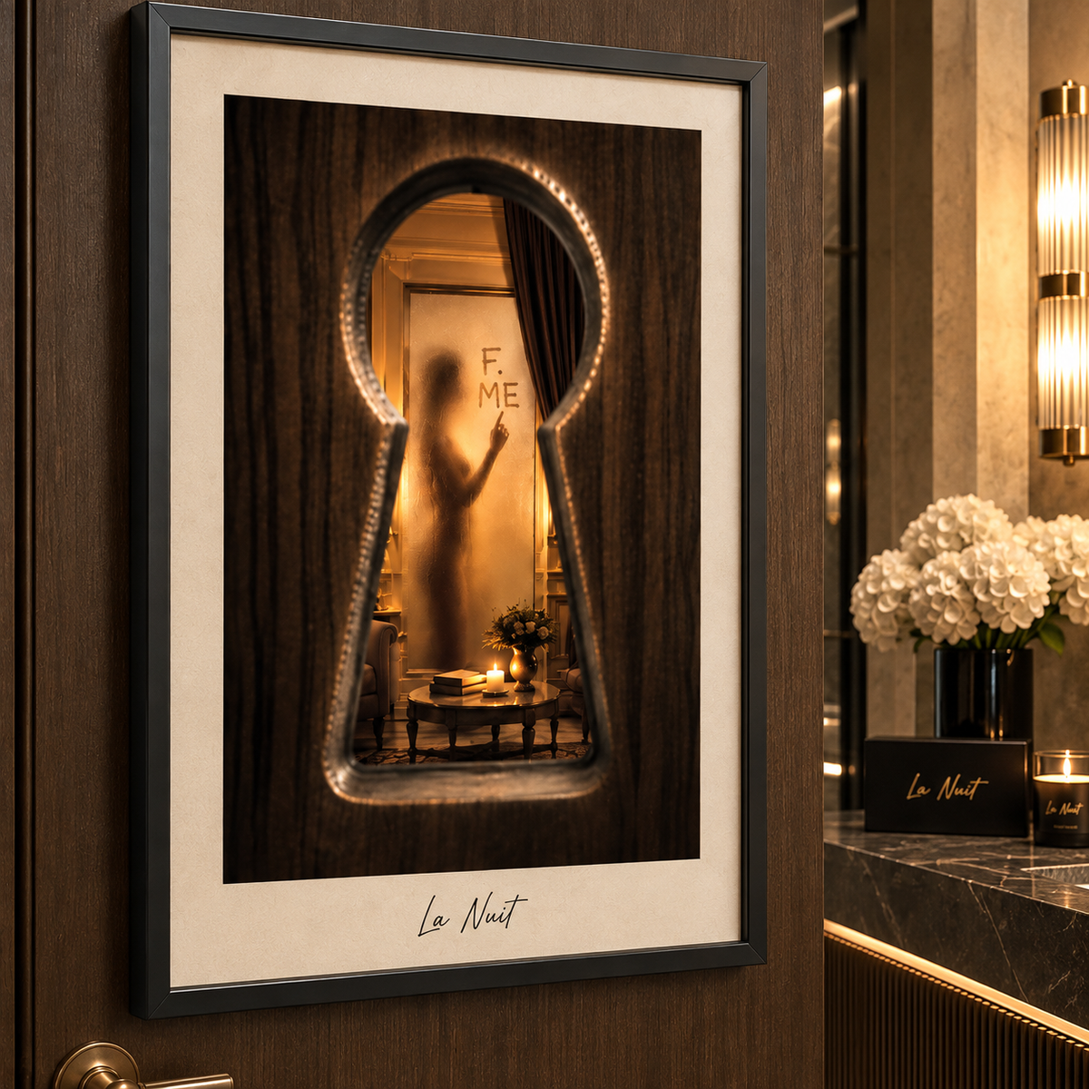 Behind The Door: monochrome line-art print of a figure glimpsed through a doorway, framed by La Nuit