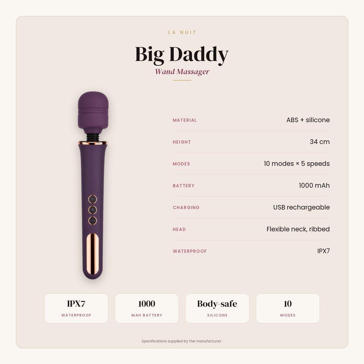 Big Daddy specifications: material, height, modes, battery, charging, head and waterproof rating