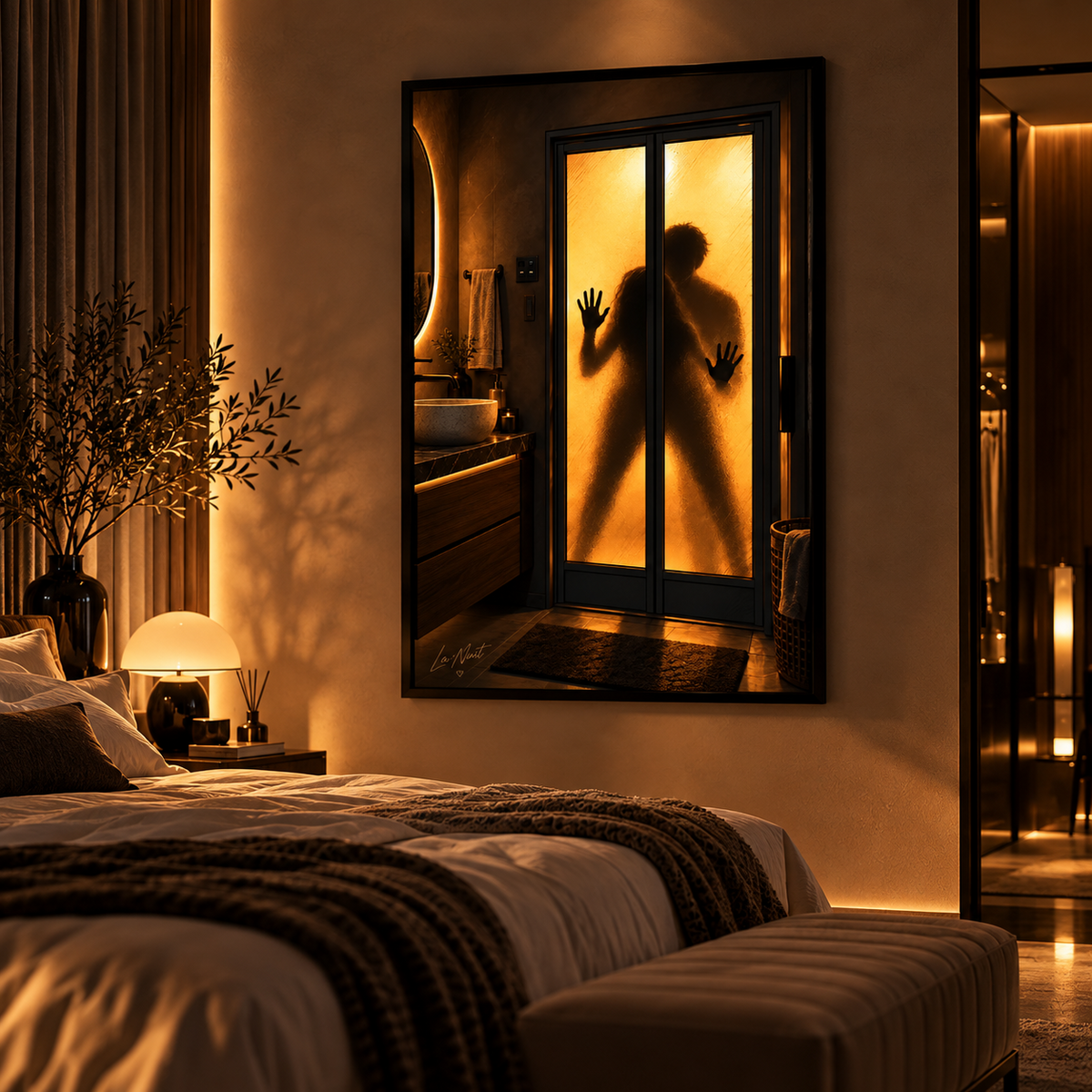 Do Not Disturb by La Nuit, amber silhouette artwork displayed in a bedroom