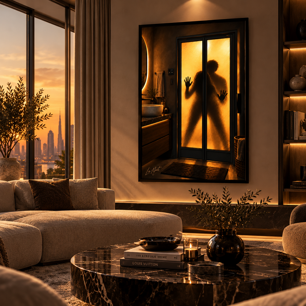 Do Not Disturb by La Nuit, amber silhouette artwork displayed in a living room