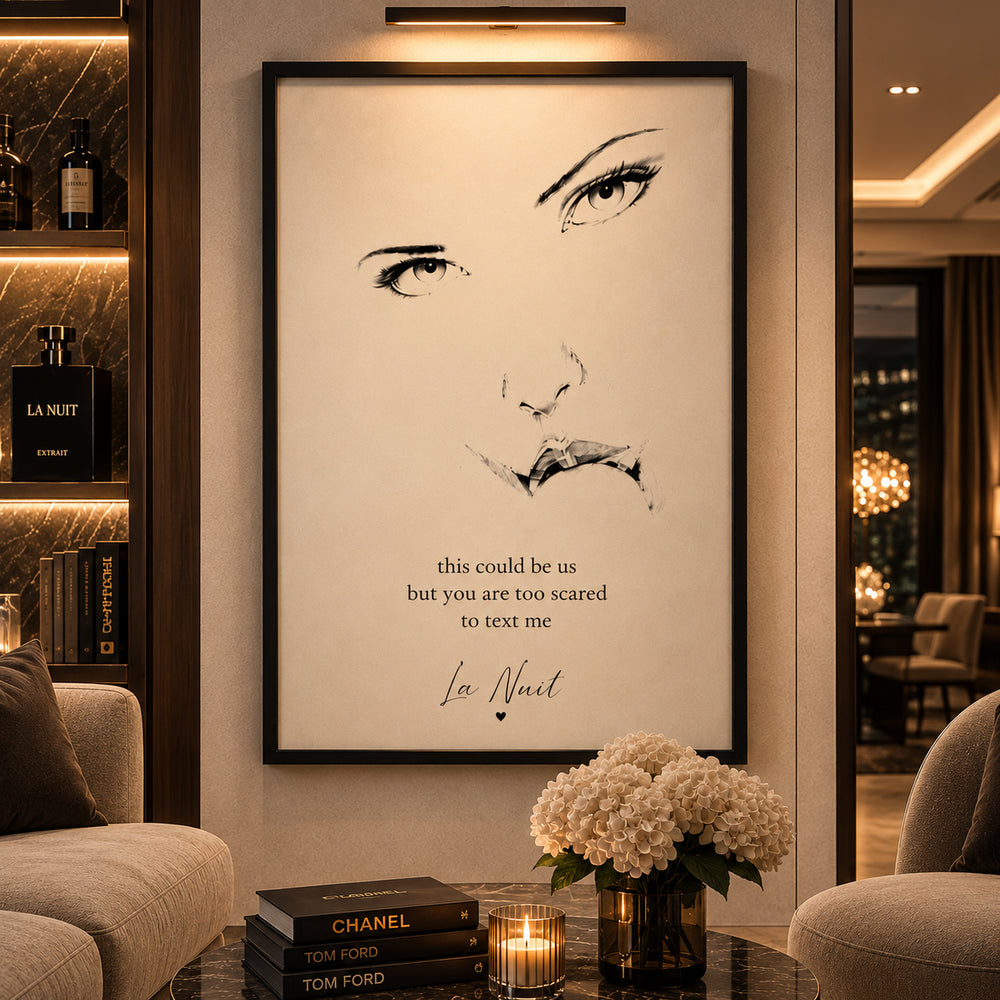 Exorcism: sparse ink portrait of a woman's face with the line "this could be us but you are too scared to text me", framed by La Nuit