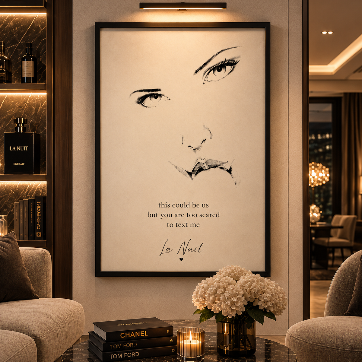 Exorcism: sparse ink portrait of a woman's face with the line "this could be us but you are too scared to text me", framed by La Nuit