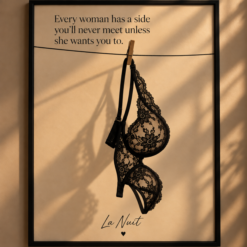 Her Other Side by La Nuit, black lace bra artwork with quote