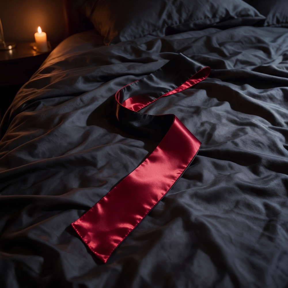 Noir & Rouge Reversible Blindfold: black and red satin sash on charcoal silk
