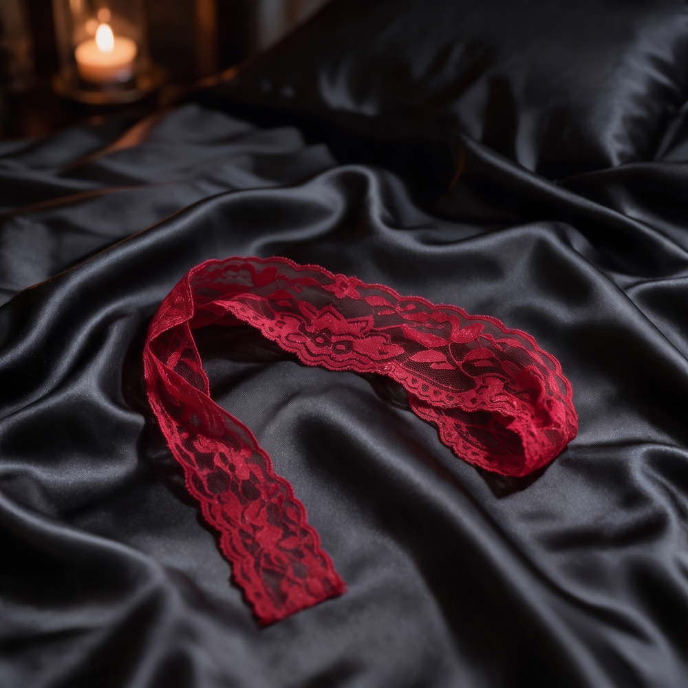 Rouge Lace Blindfold on charcoal silk