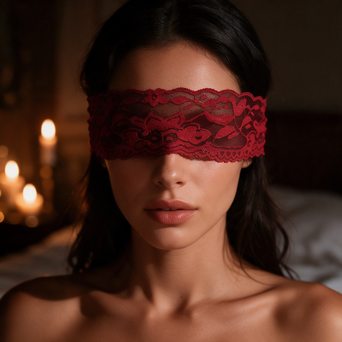 Rouge Lace Blindfold worn in candlelight