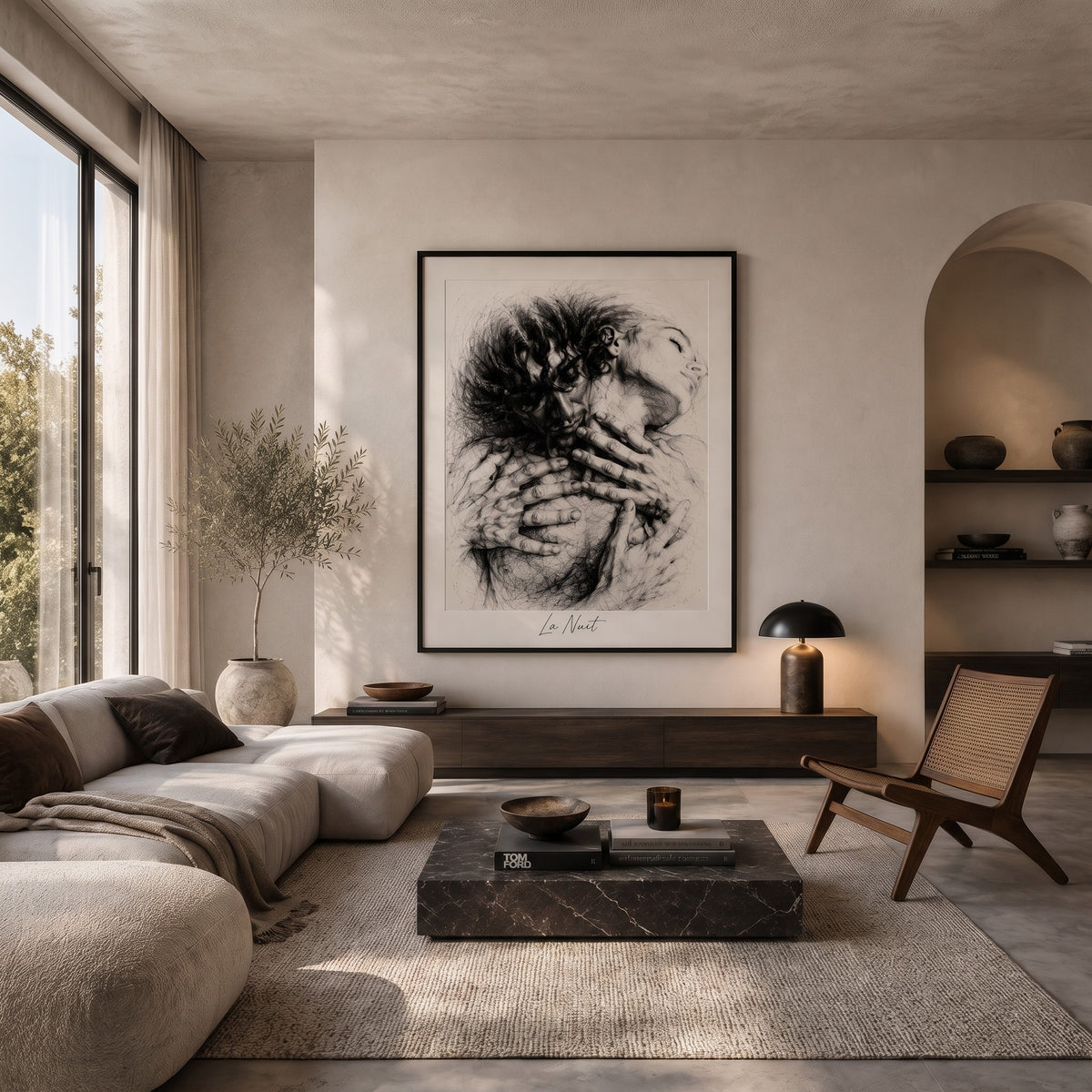 Hug framed fine-art print by La Nuit, shown in a living room