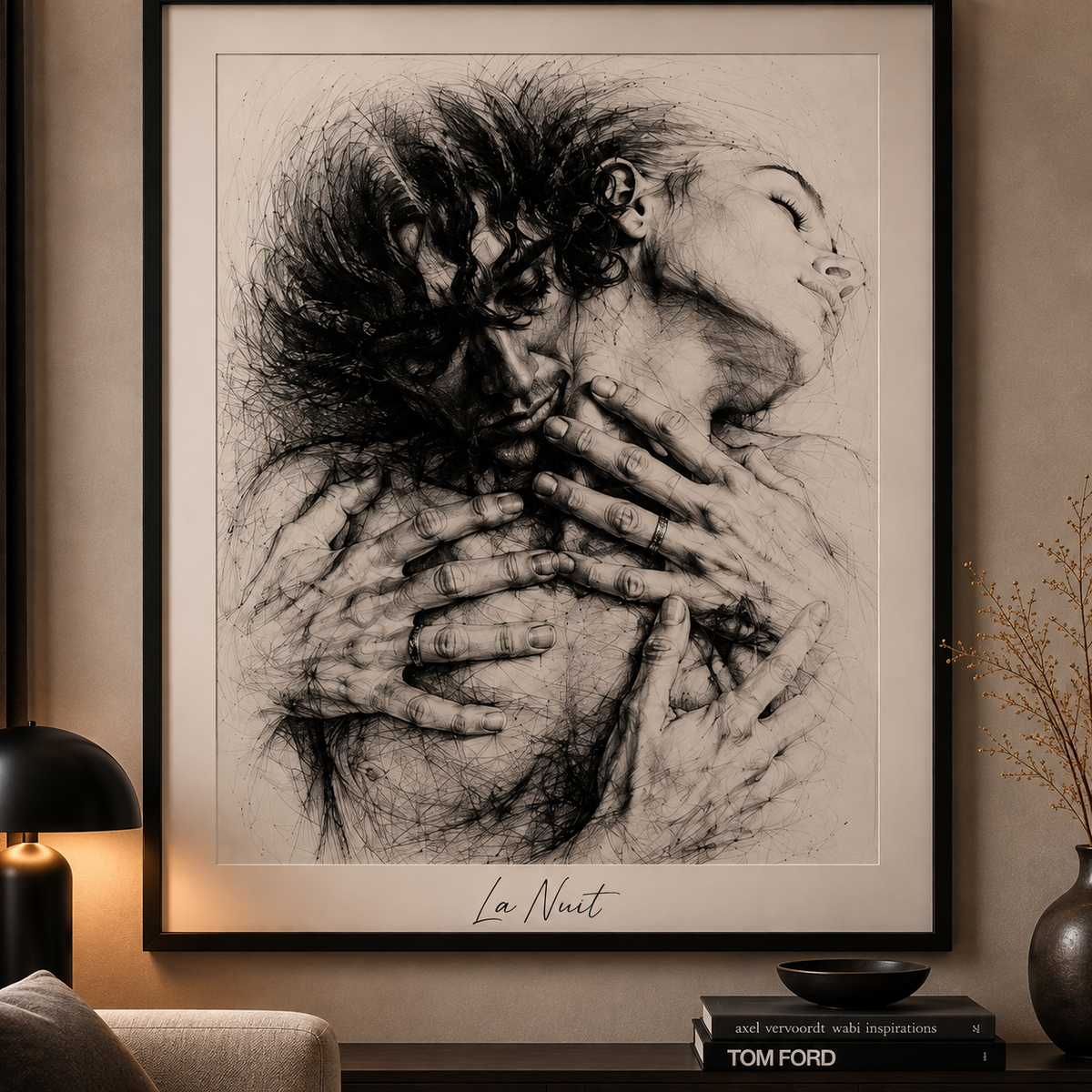 Hug: monochrome line-art print of two figures in an embrace, framed by La Nuit
