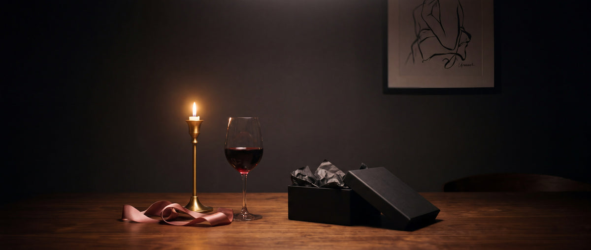 Candle, red wine, silk ribbon and an open black gift box on a dark table — La Nuit