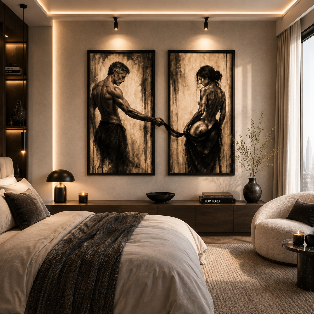 Intimate bedroom lifestyle scene, La Nuit look 1