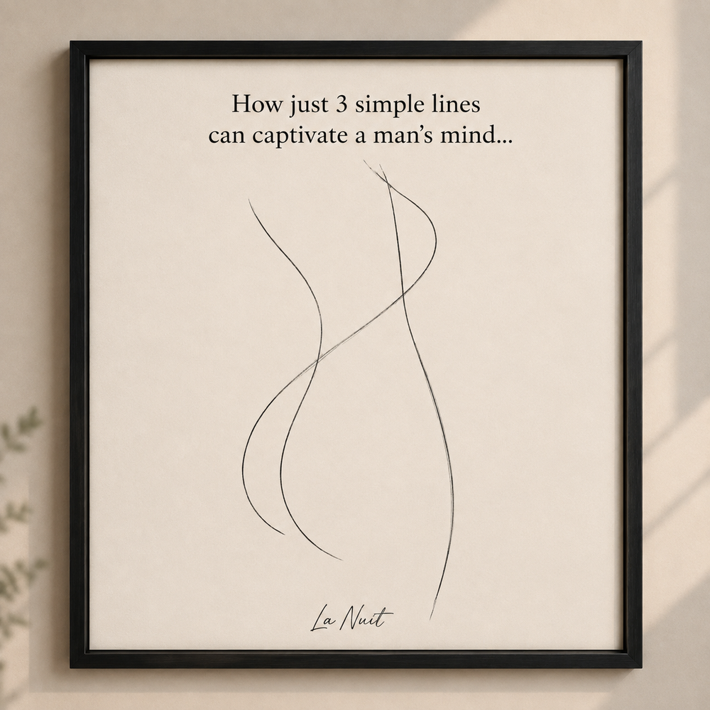 Between Her Lines: minimalist three-line drawing of the female form, framed by La Nuit