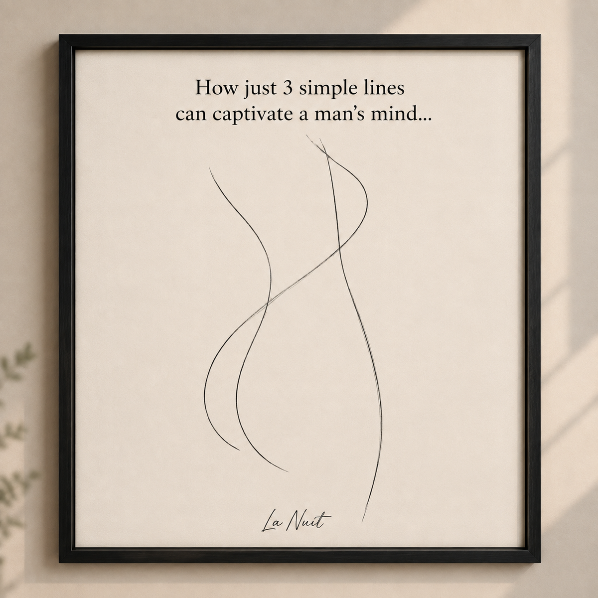 Between Her Lines: minimalist three-line drawing of the female form, framed by La Nuit