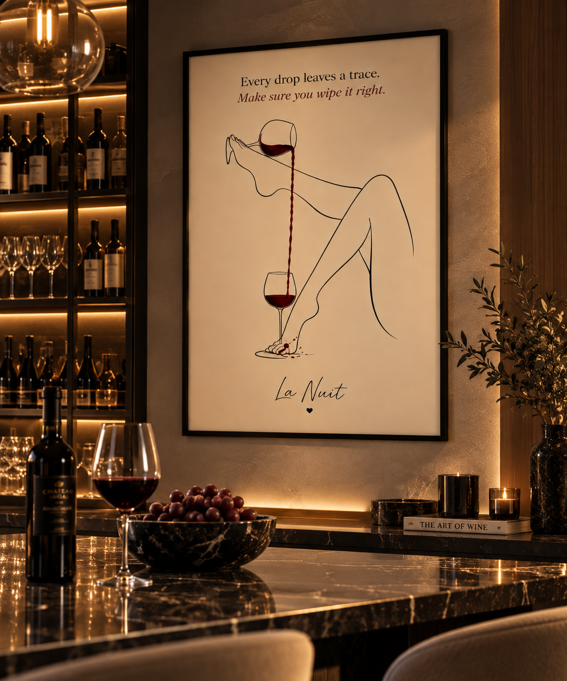 Leave a Trace framed artwork by La Nuit, with black line-art legs, red wine and the caption Every drop leaves a trace, shown in a warmly lit bar
