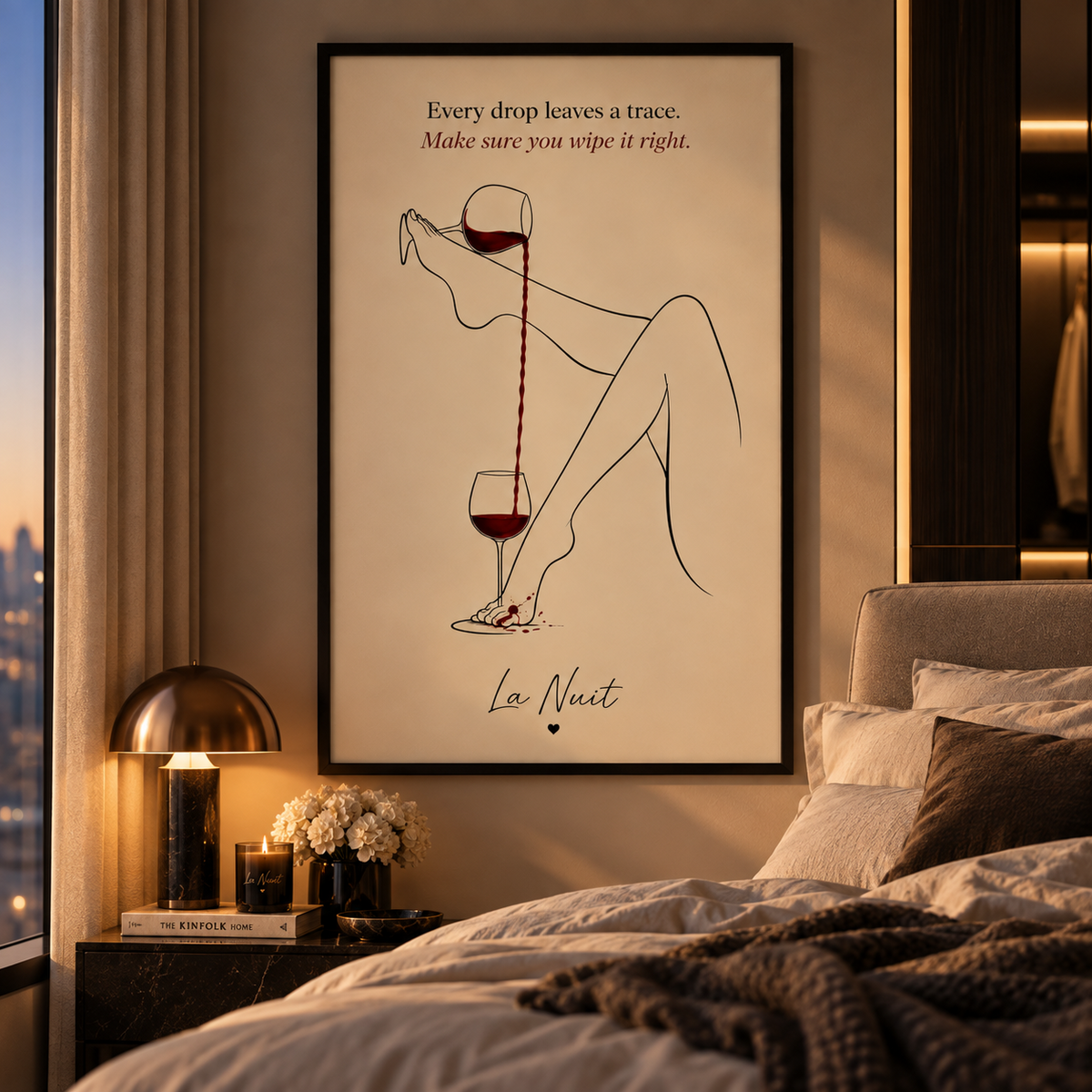 Leave a Trace framed artwork by La Nuit, with black line-art legs, red wine and the caption Every drop leaves a trace, shown in a warmly lit bedroom