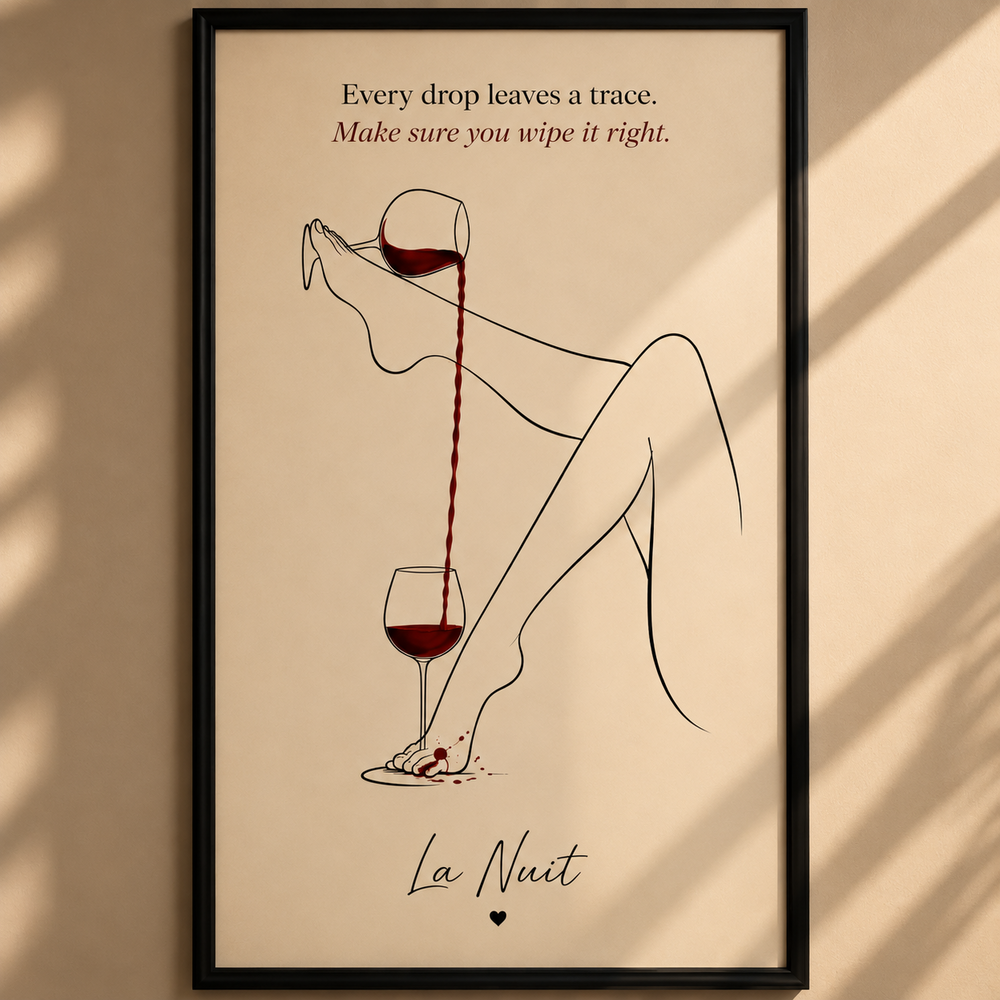 Leave a Trace by La Nuit: minimalist legs and two wine glasses connected by a red-wine pour, artwork close-up