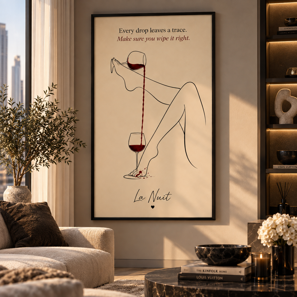 Leave a Trace by La Nuit: minimalist legs and two wine glasses connected by a red-wine pour, shown in a warm living room
