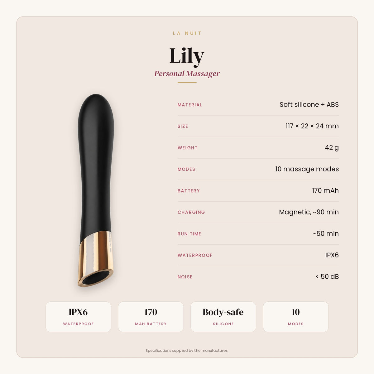 Lily specifications: material, size, weight, modes, battery, charging, run time, waterproof rating and noise