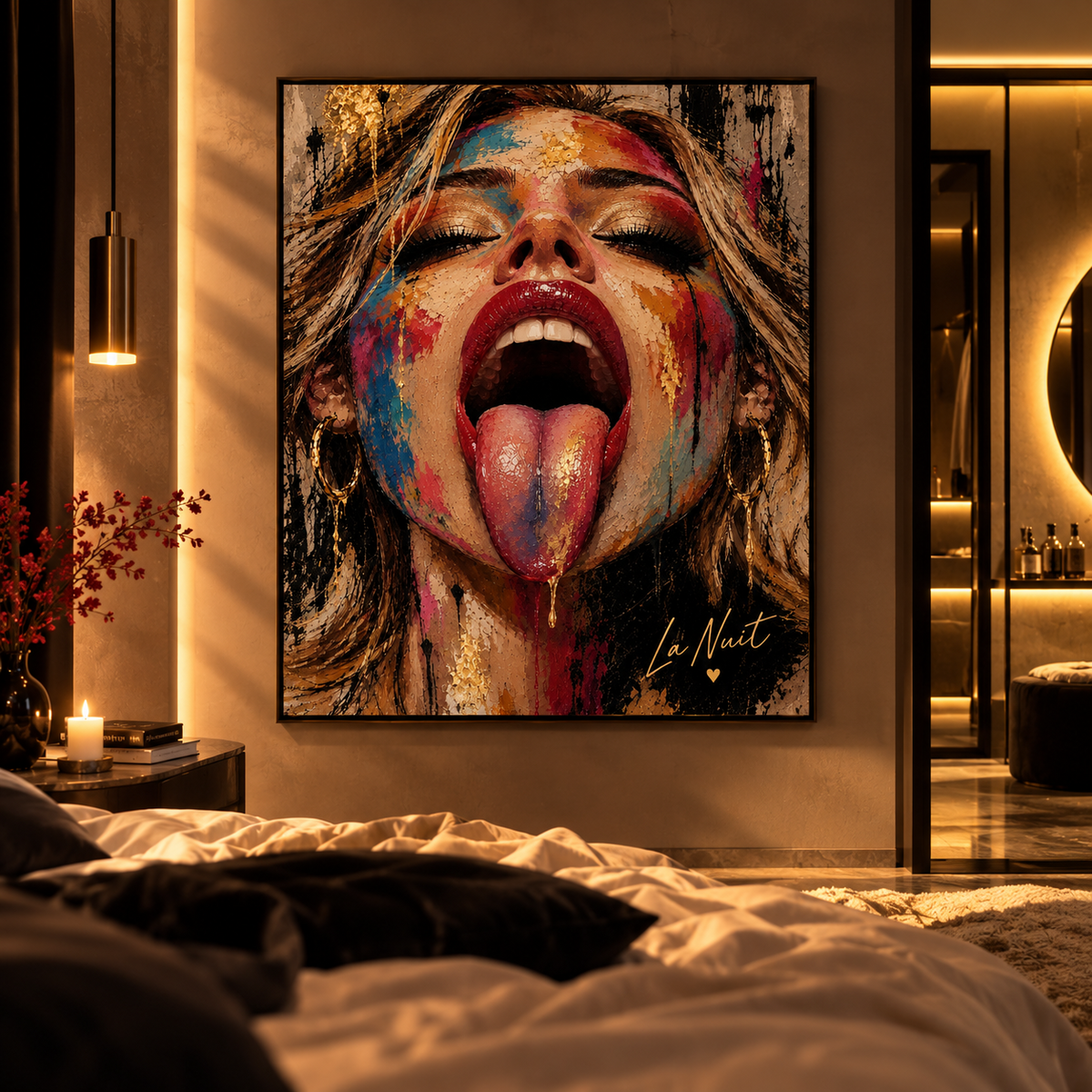 Lip Service by La Nuit displayed in a warm bedroom