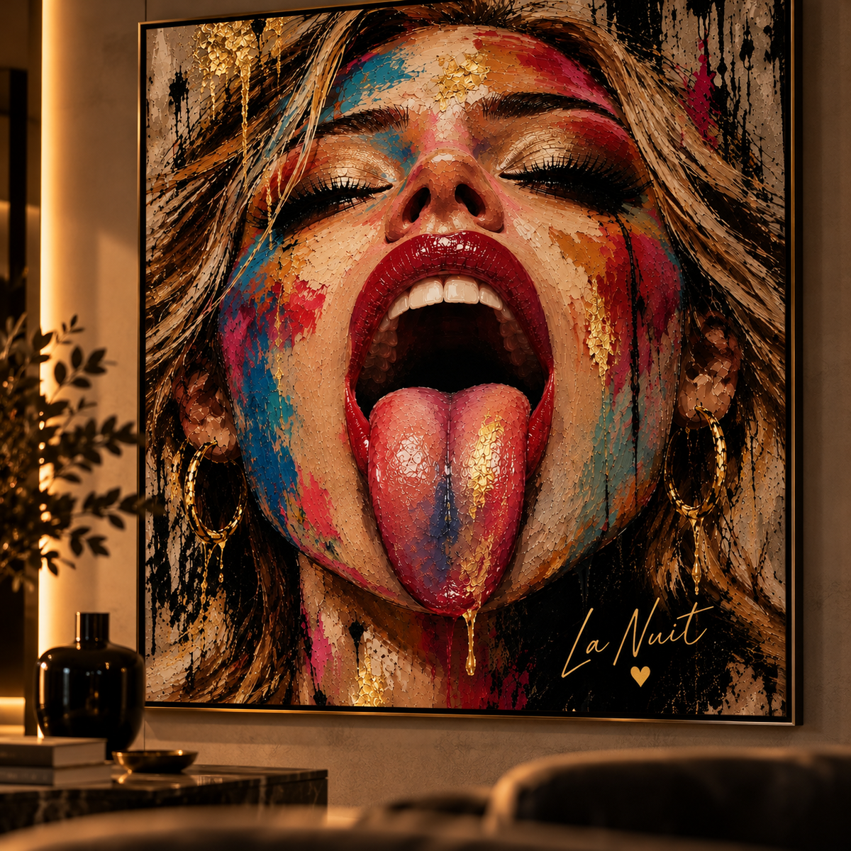 Lip Service by La Nuit, colourful pop-art portrait with red lips and gold-toned accents