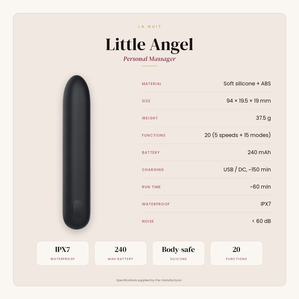 Little Angel specifications: material, size, weight, functions, battery, charging, run time, waterproof rating and noise