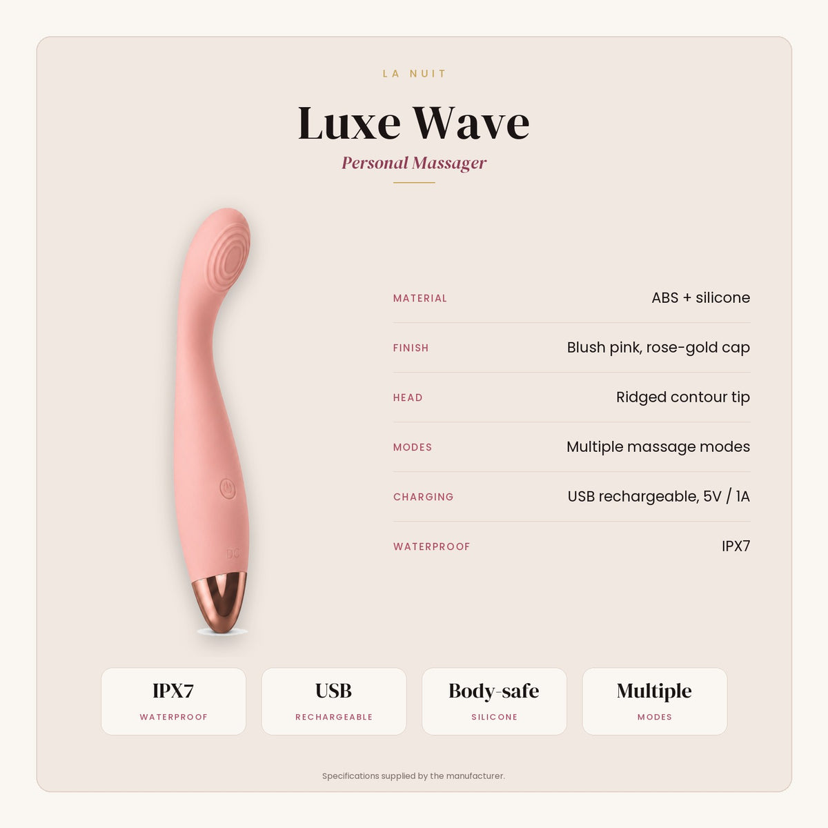 Luxe Wave specifications: material, finish, head, modes, charging and waterproof rating