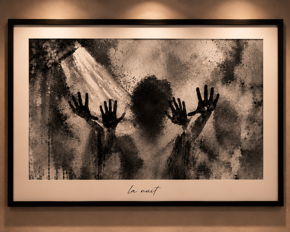 After Midnight: grey-black ink wash of two figures pressed against translucent glass, framed by La Nuit