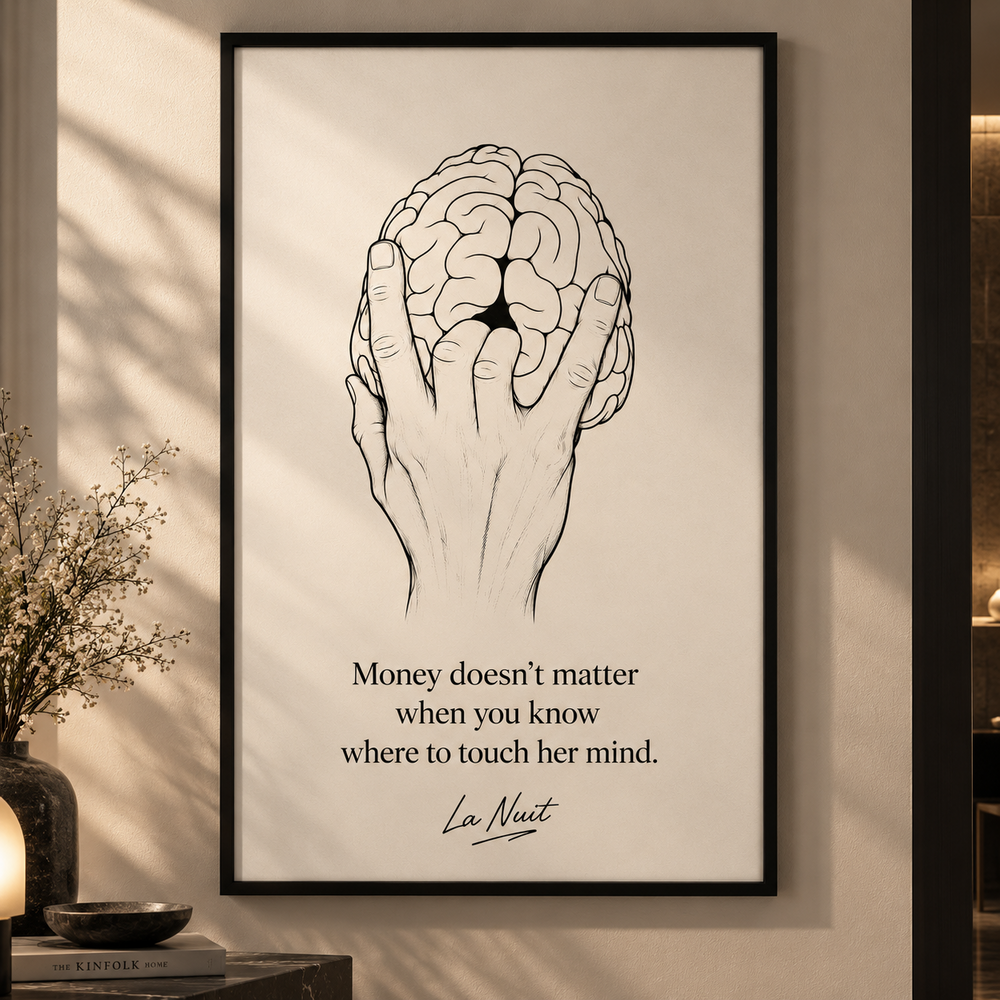 Mind Games by La Nuit, close-up of hand and brain line illustration with quote