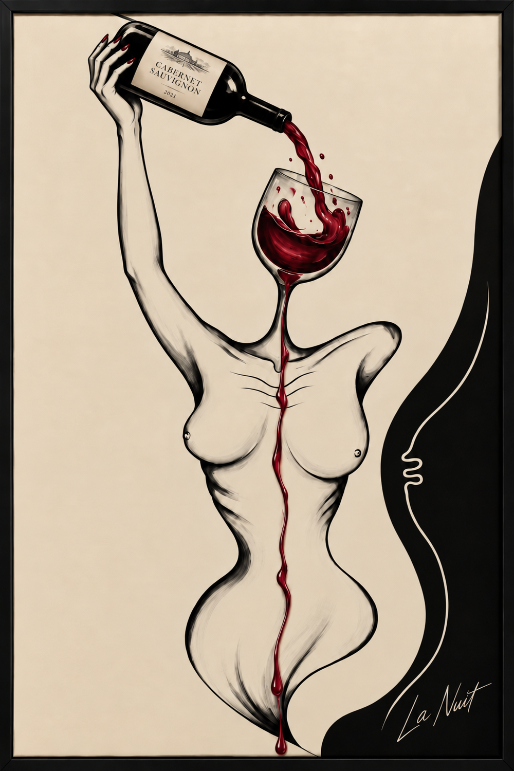 Pour Decisions by La Nuit: surreal figure with a wine-glass head pouring red wine, artwork close-up