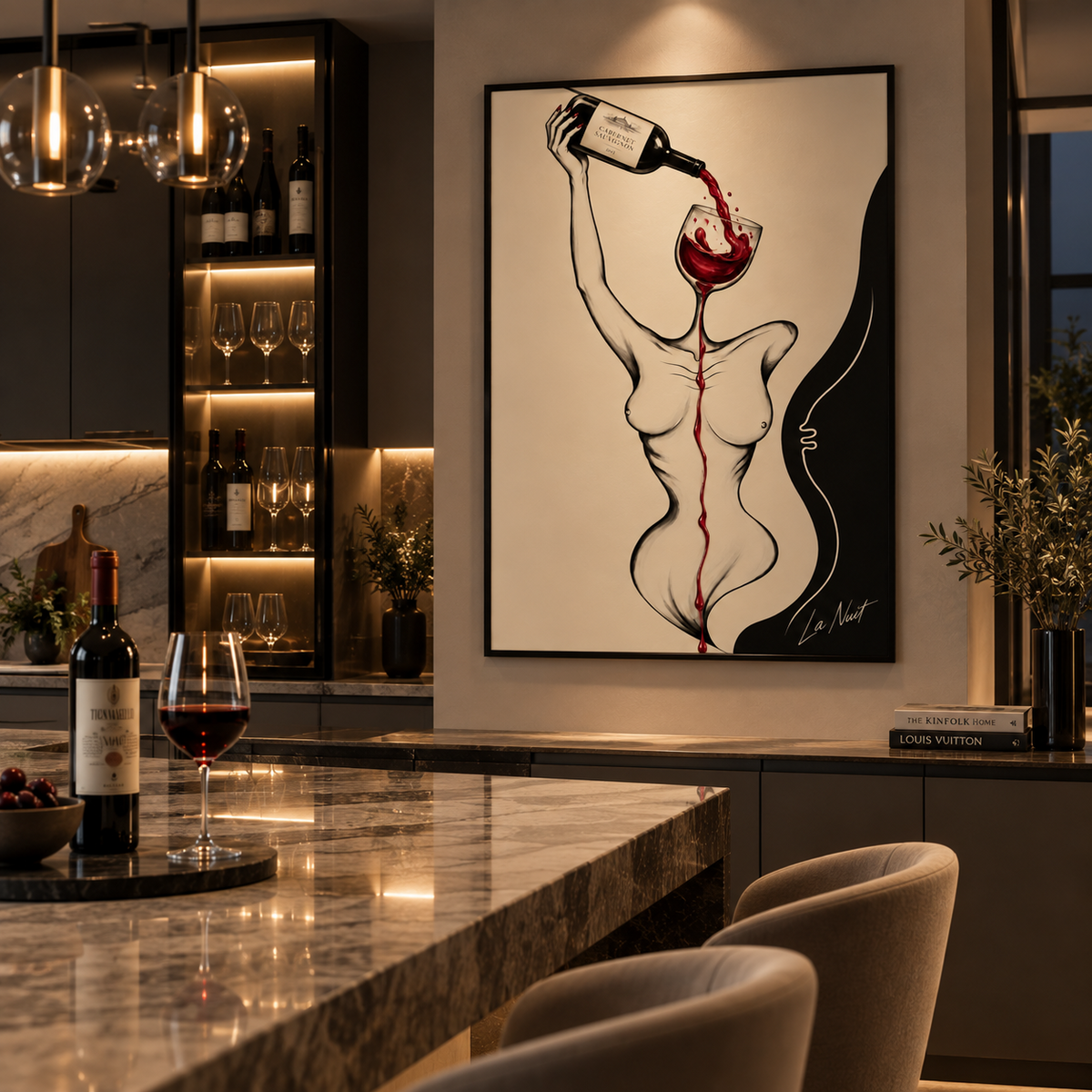 Pour Decisions framed artwork by La Nuit, featuring a surreal wine-glass figure and red wine on cream, shown in a warmly lit kitchen