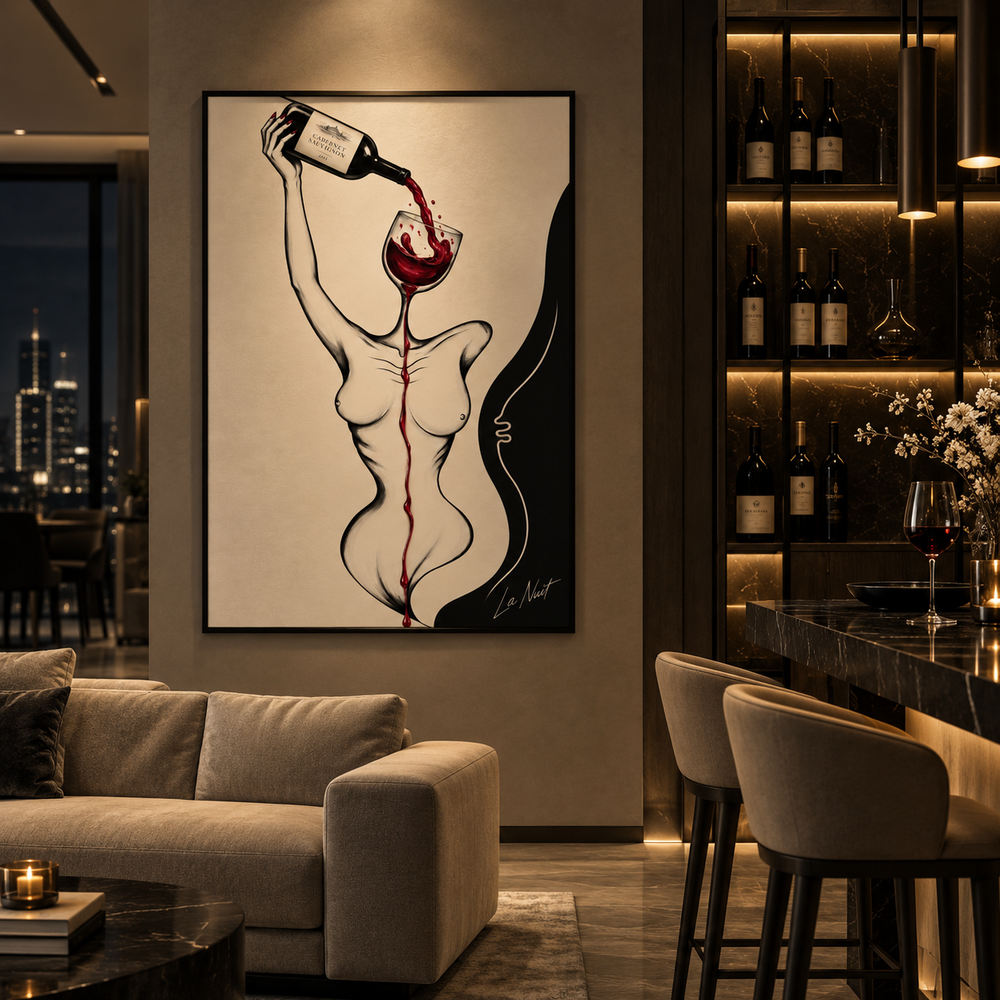 Pour Decisions by La Nuit: surreal figure with a wine-glass head pouring red wine, shown in a warm lounge with a home bar