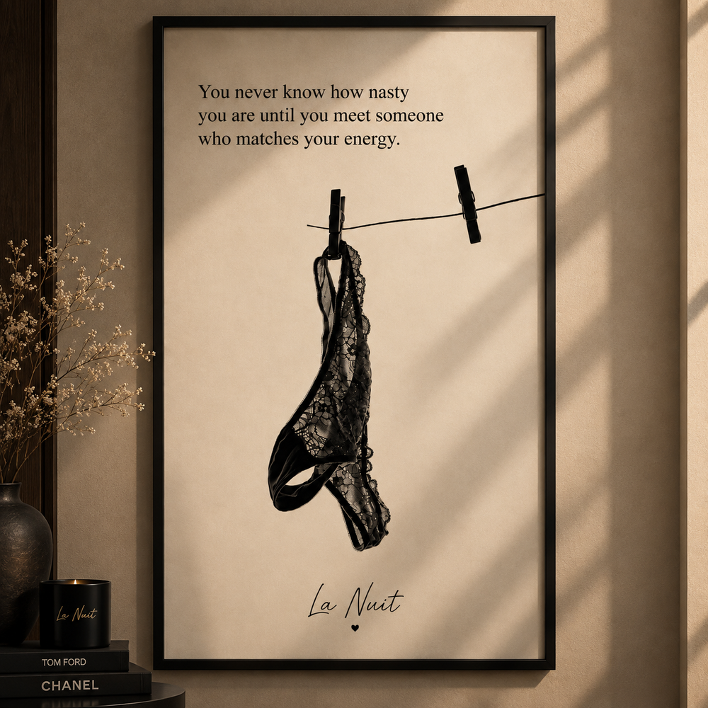 Same Energy by La Nuit, black lace thong artwork with quote