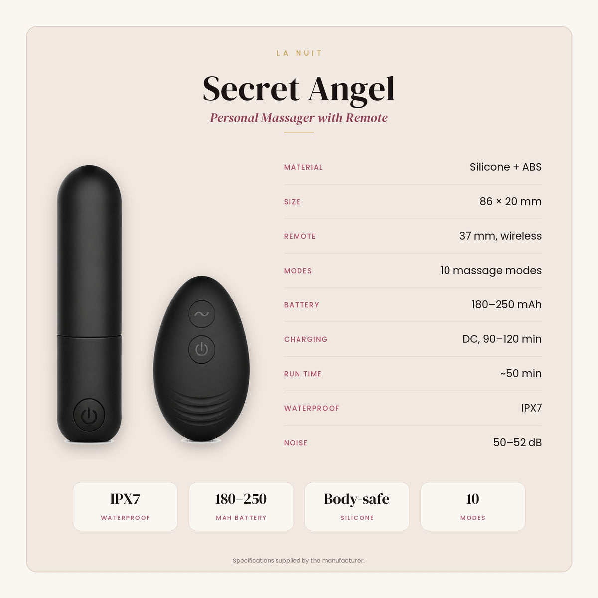 Secret Angel specifications: material, size, remote, modes, battery, charging, run time, waterproof rating and noise