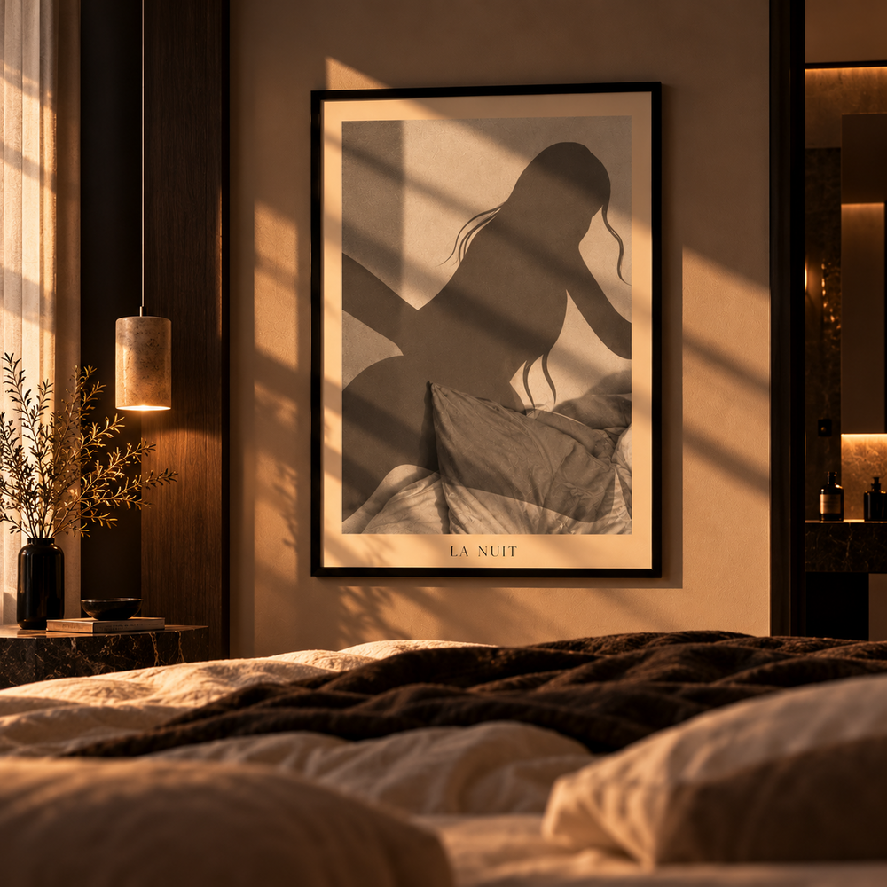 Slow Mornings by La Nuit displayed above a bed in a warm bedroom