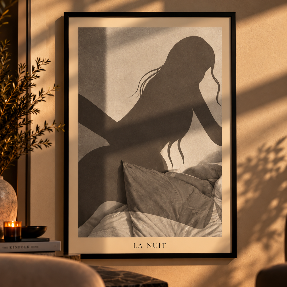 Slow Mornings by La Nuit, framed silhouette artwork with rumpled sheets