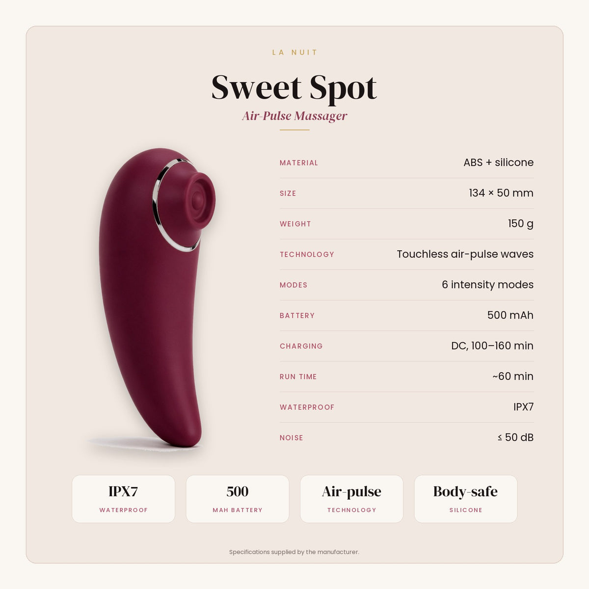Sweet Spot specifications: material, size, weight, technology, modes, battery, charging, run time, waterproof rating and noise